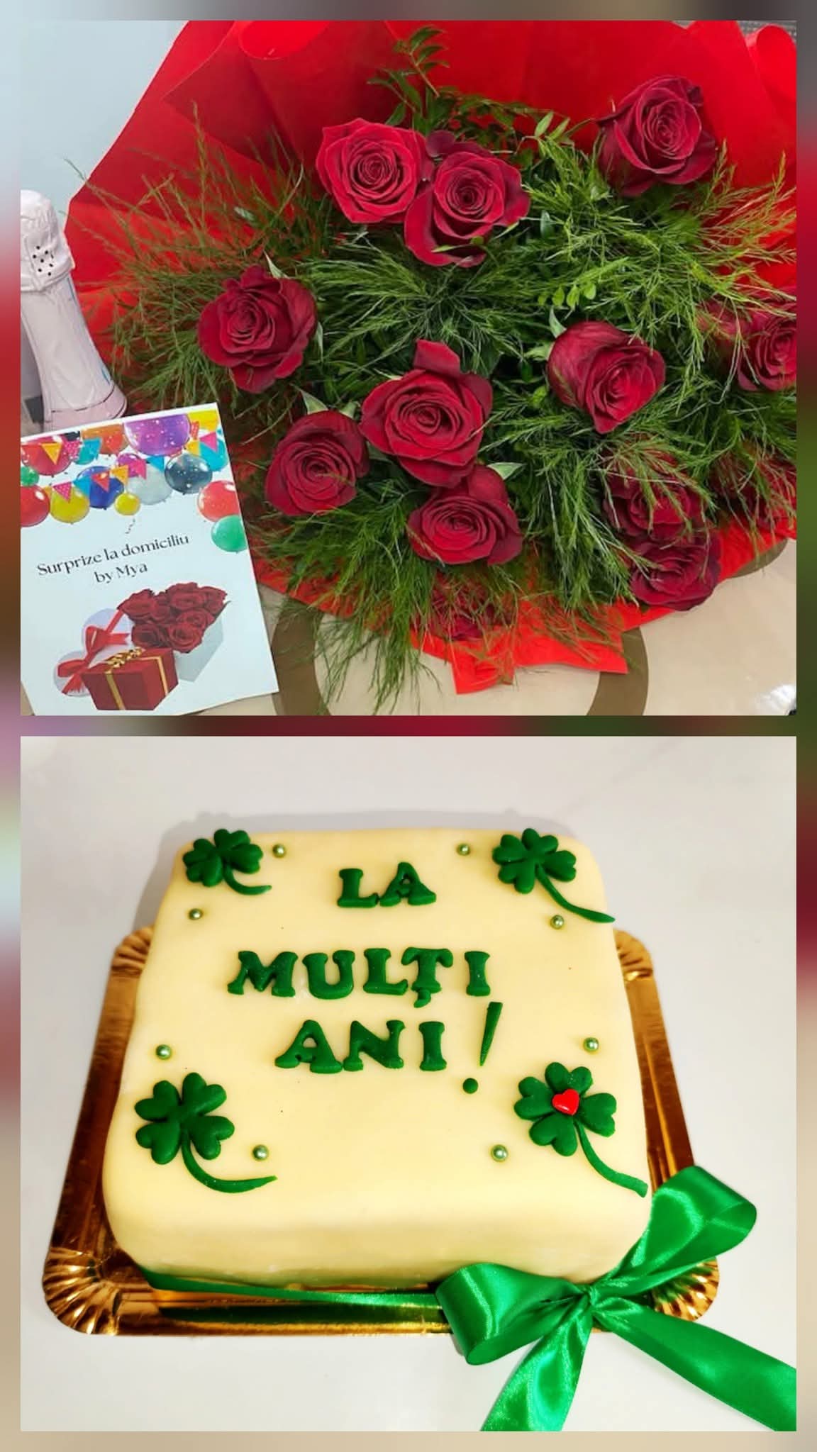 Colaj cu tort si buchet de trandafiri.